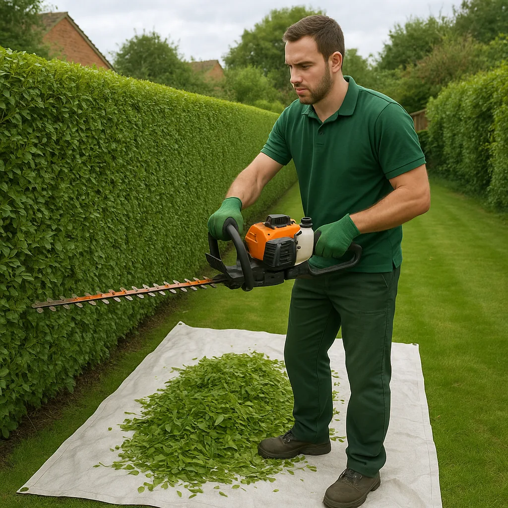 A gardener mowing a striped lawn behind a house in Ilkeston